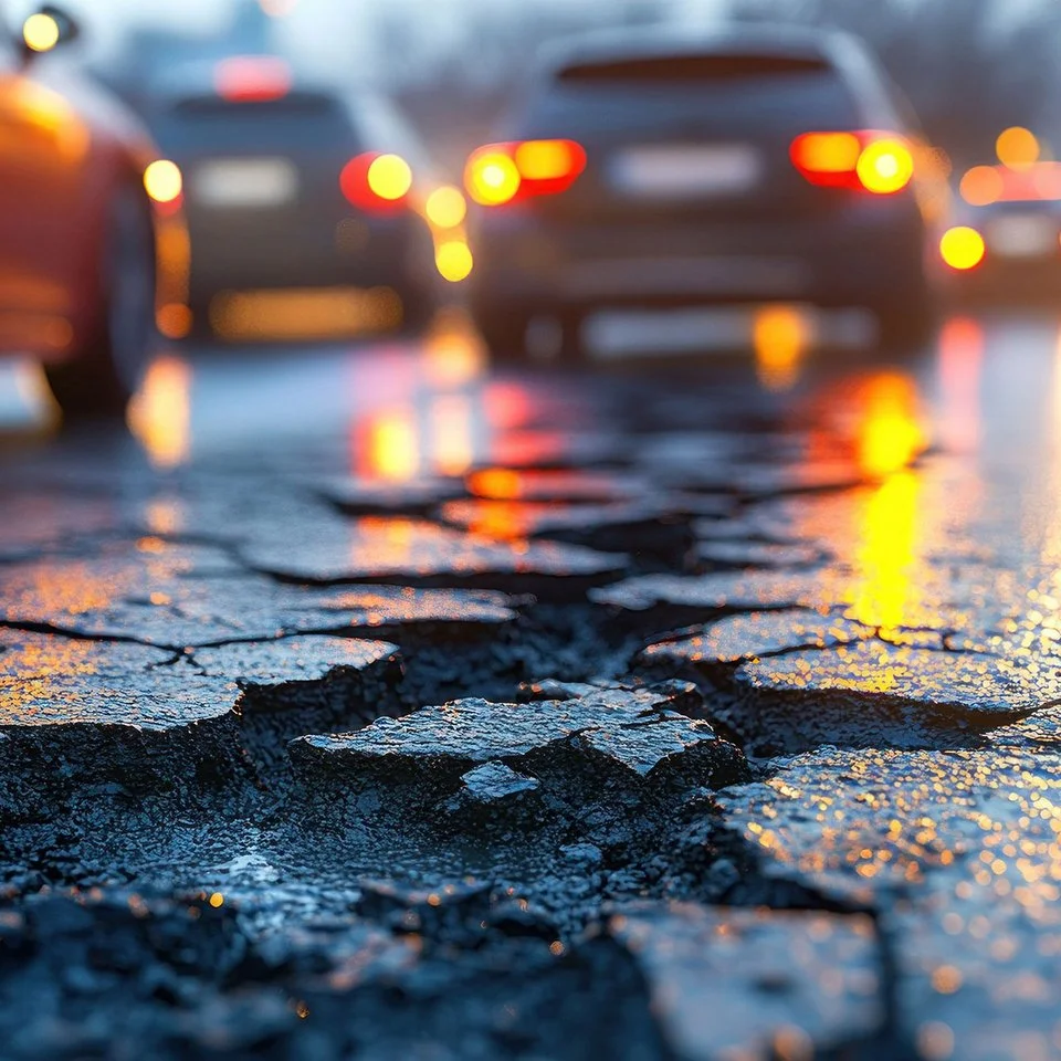 Kaputte Straßenoberfläche: Ein Schlagloch nach dem Winter.